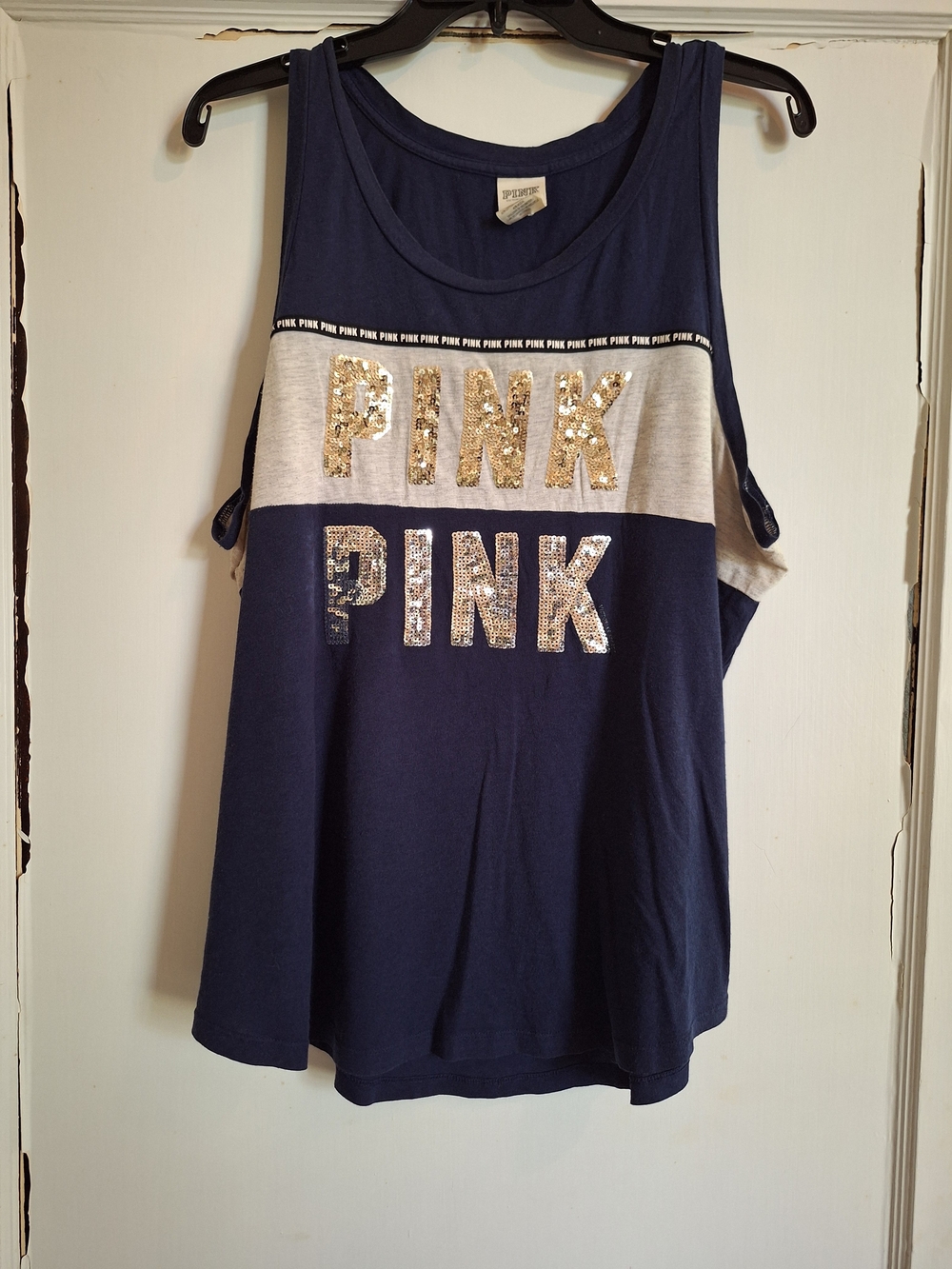 PINK Victoria's Secret Sequin Logo Navy and Light Gray Tank Top Sz L